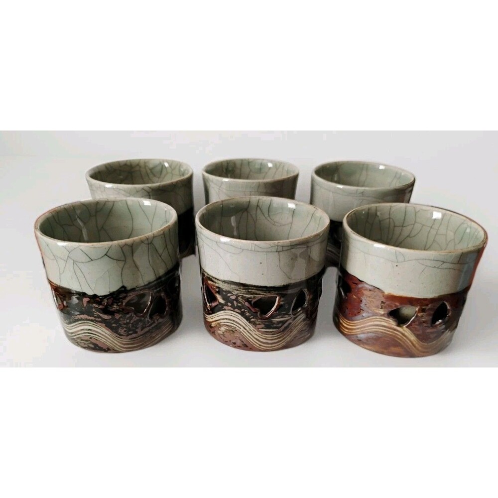 Vintage Set of 6 Obori Somayaki Tea Cups Double Wall Crackle Glaze Gold Horse